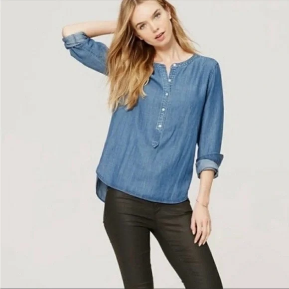 Loft Popover Chambray Linen Blend Soften Tunic Shirt Top - Picture 1 of 8